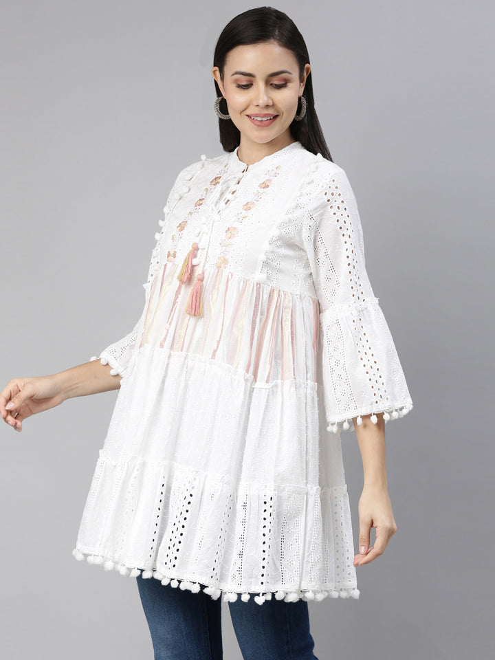 Neerus White cotton solid kurti - back view