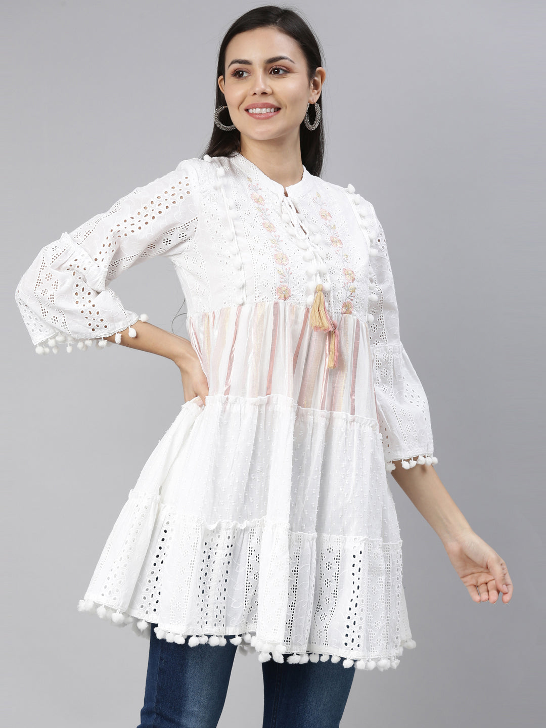 Neerus White cotton solid kurti - side view
