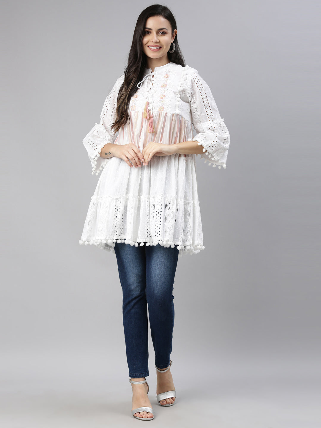 Neerus White cotton solid kurti - front view
