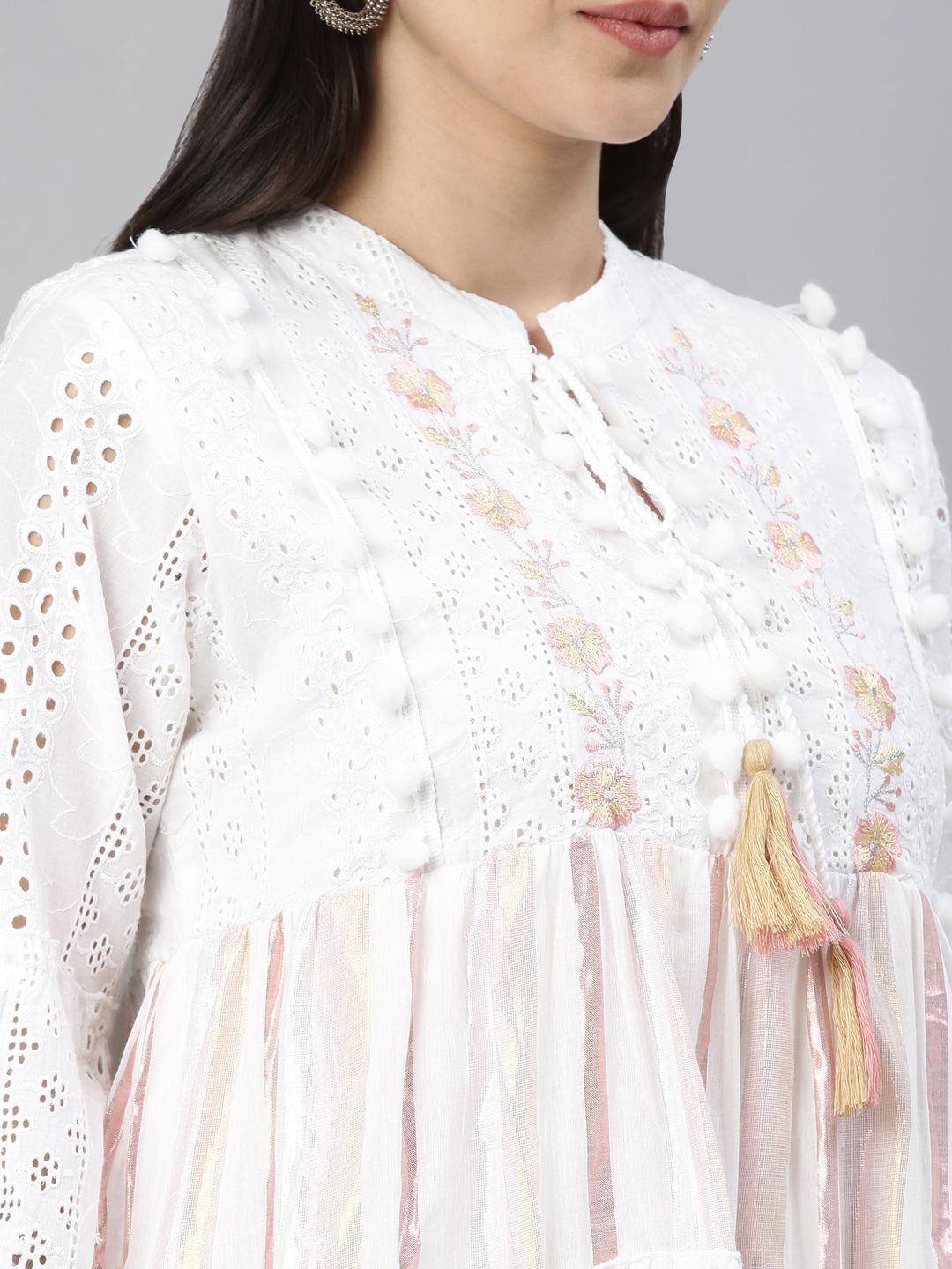 Neerus White cotton solid kurti - detail view 3