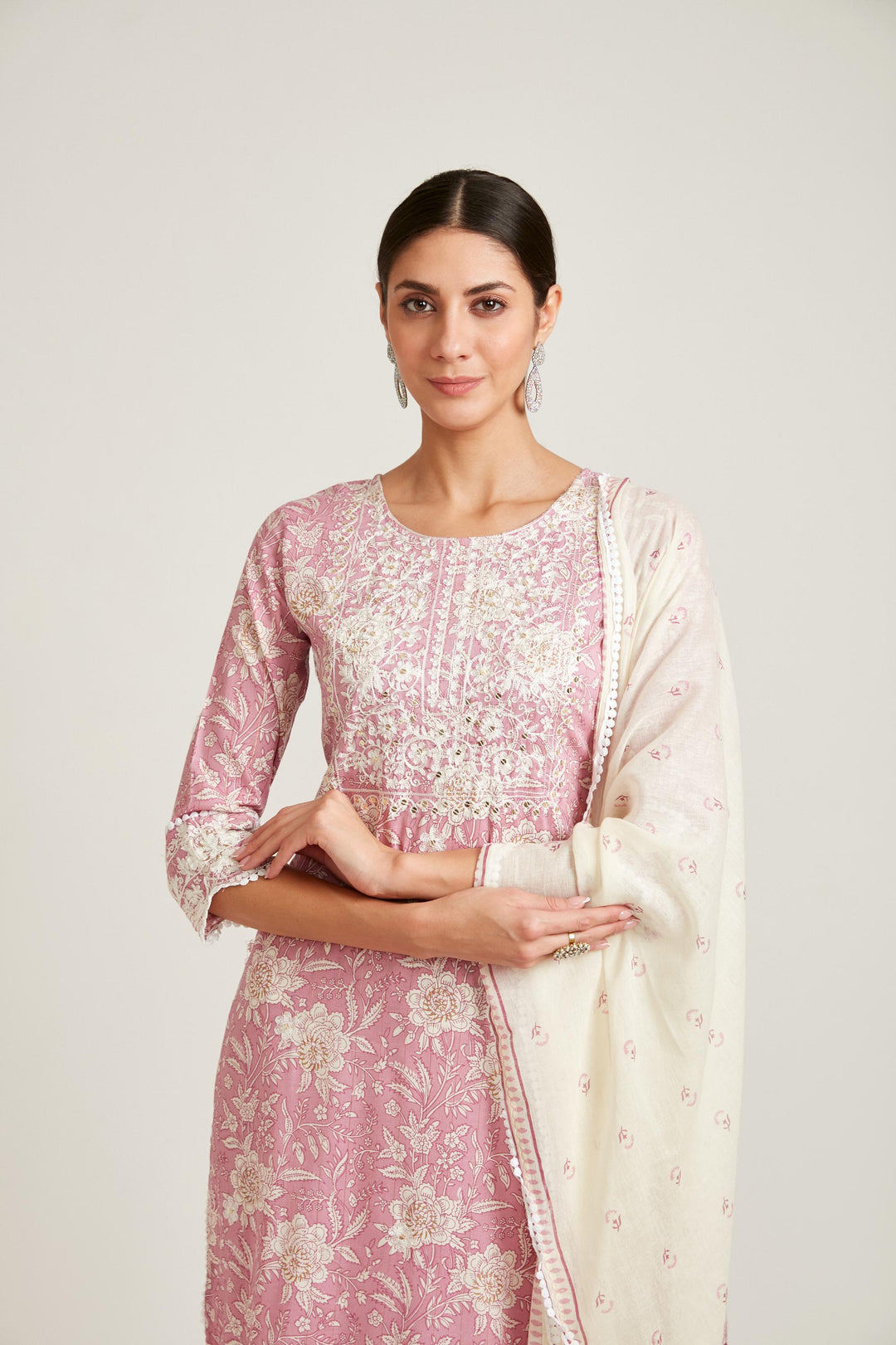 Neerus Rose Pink Color Cotton Fabric Kurta Set