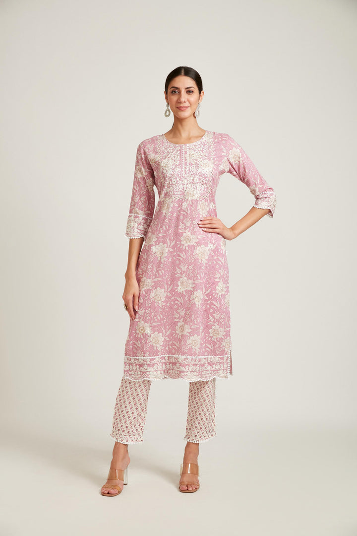 Neerus Rose Pink Color Cotton Fabric Kurta Set