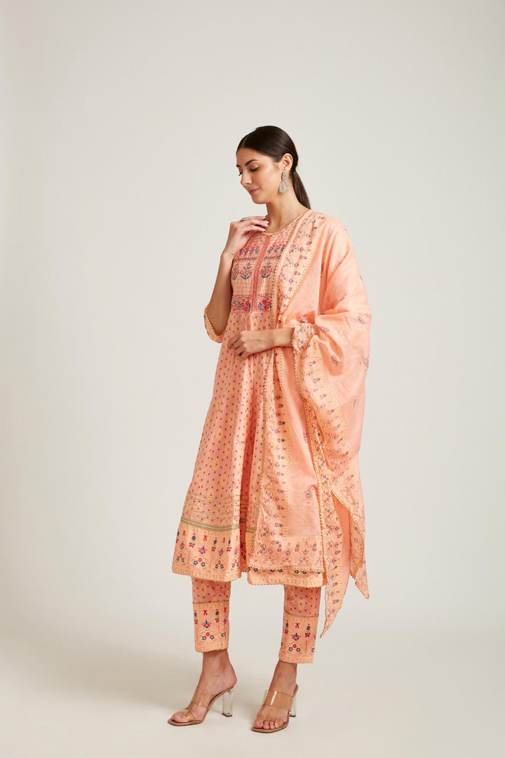 Neerus Peach Color Cotton Fabric Kurta Set