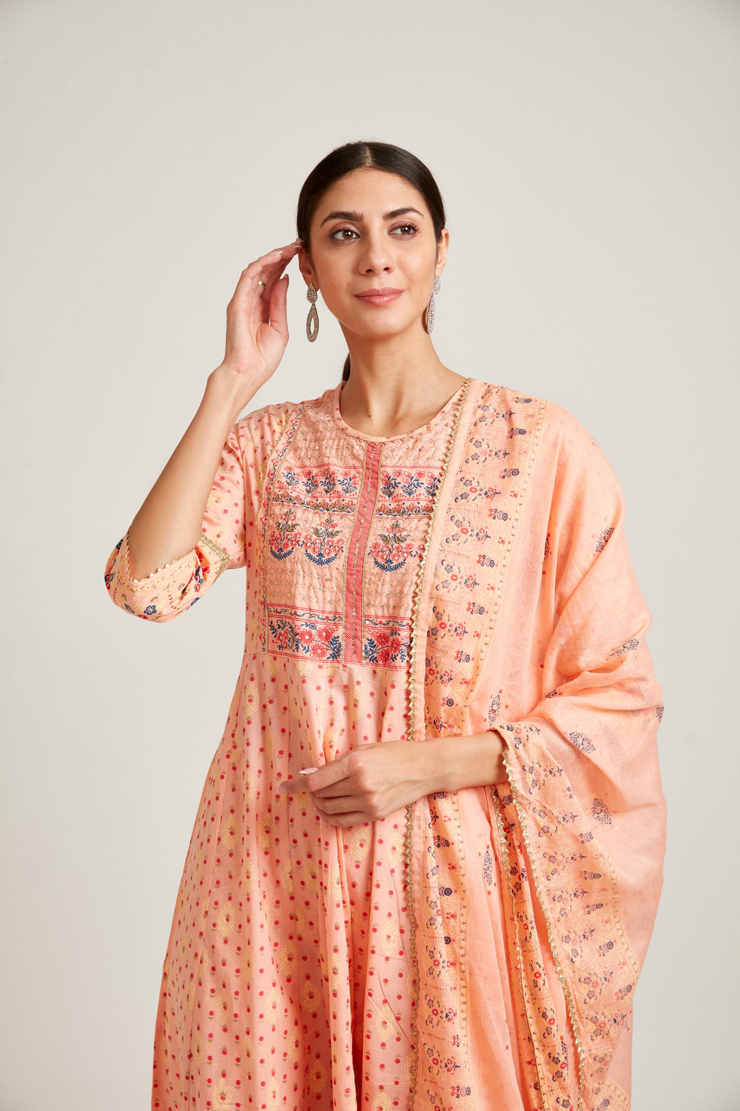 Neerus Peach Color Cotton Fabric Kurta Set