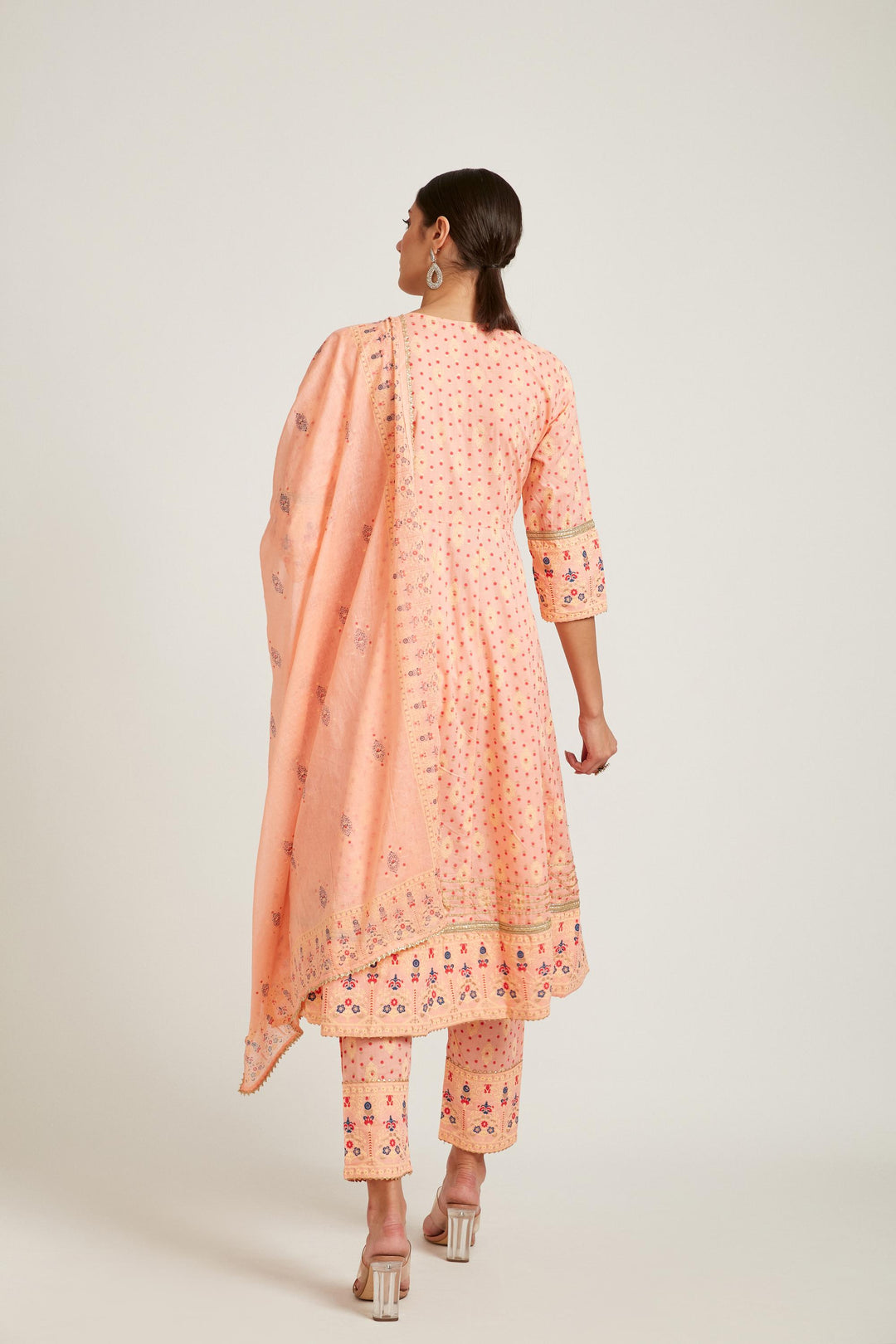 Neerus Peach Color Cotton Fabric Kurta Set