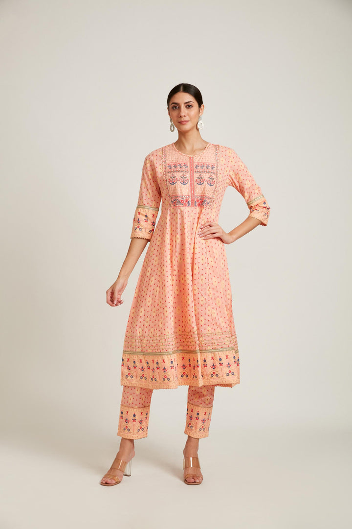 Neerus Peach Color Cotton Fabric Kurta Set