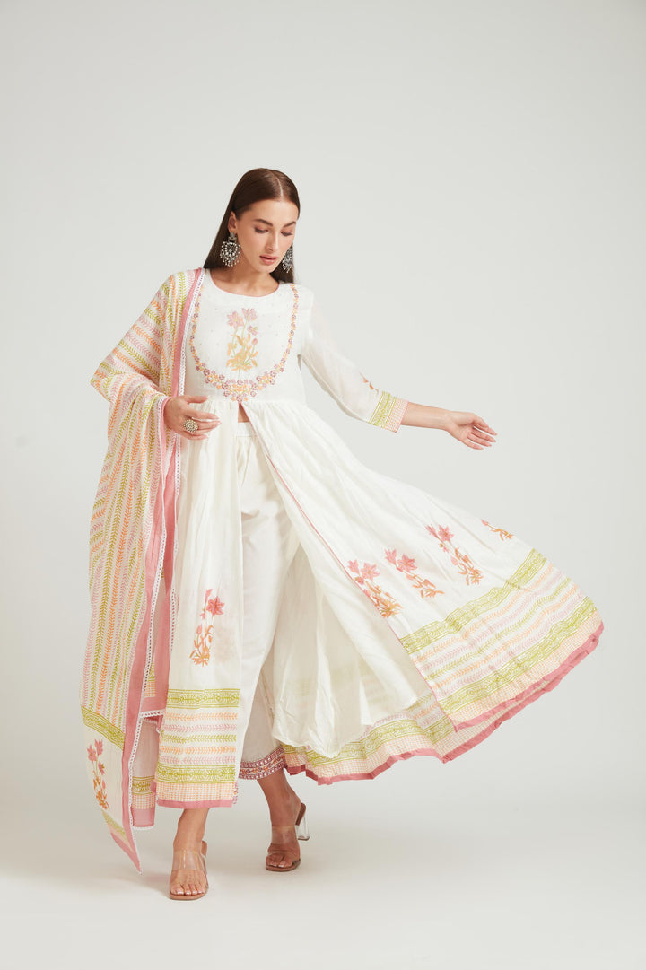 Neerus Pink Chanderi Suit Set - front view