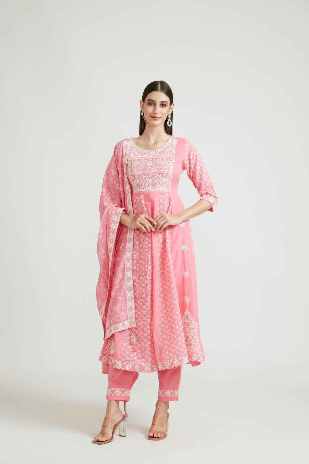 Neerus Pink cotton printed kurta set - front view