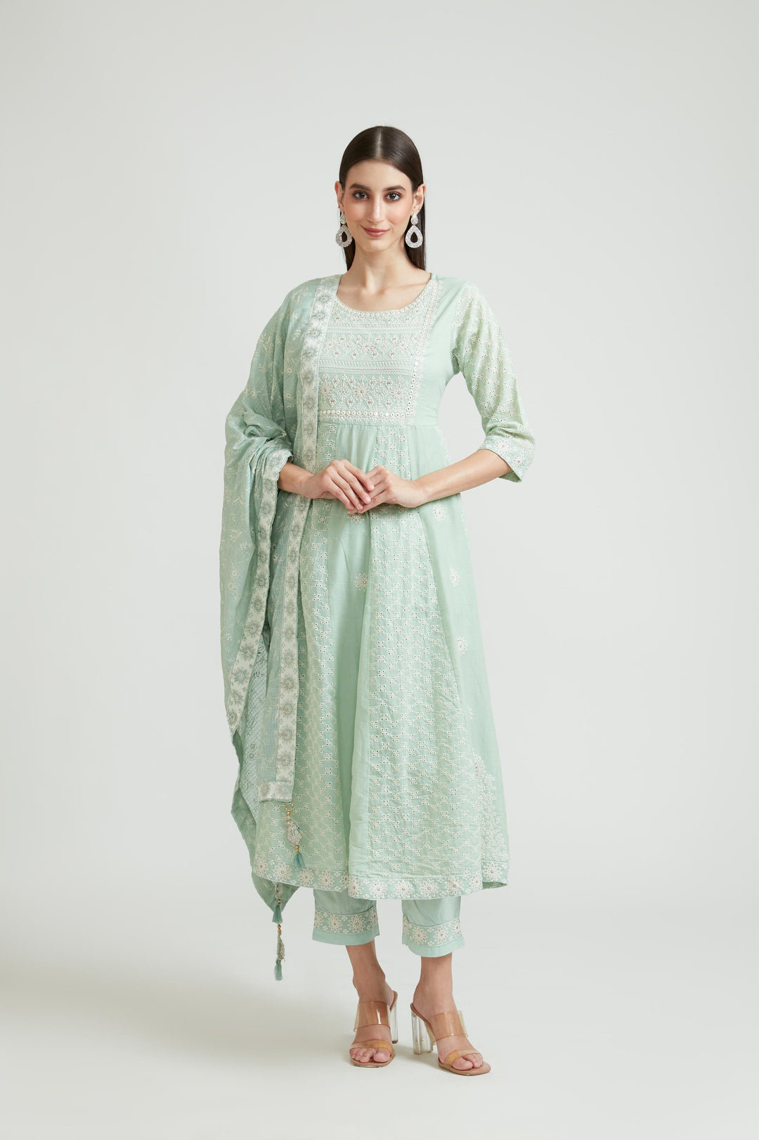 Neerus Green cotton kurta set - front view