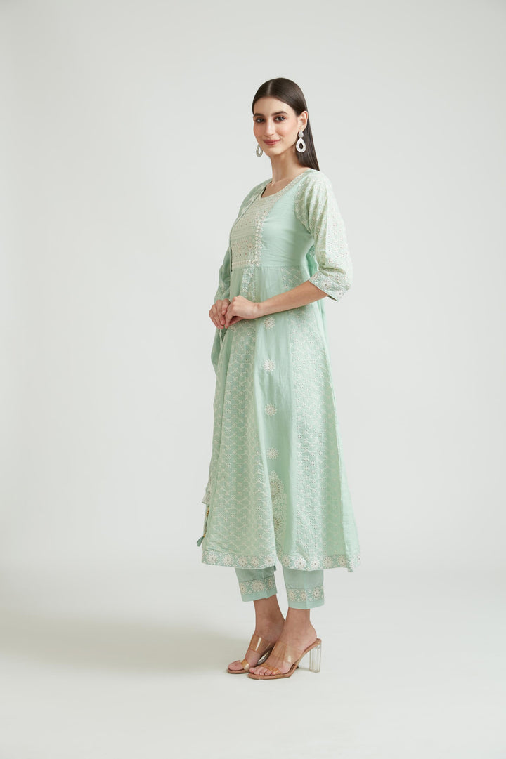 Neerus Green cotton kurta set - back view
