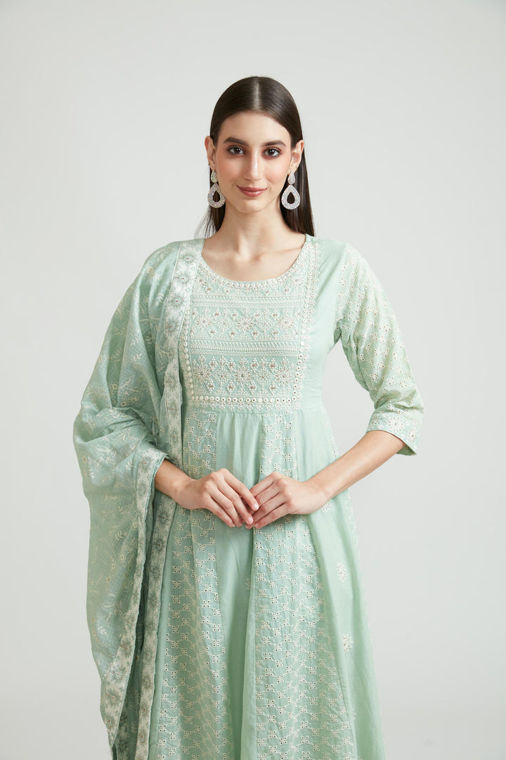 Neerus Green cotton kurta set - side view