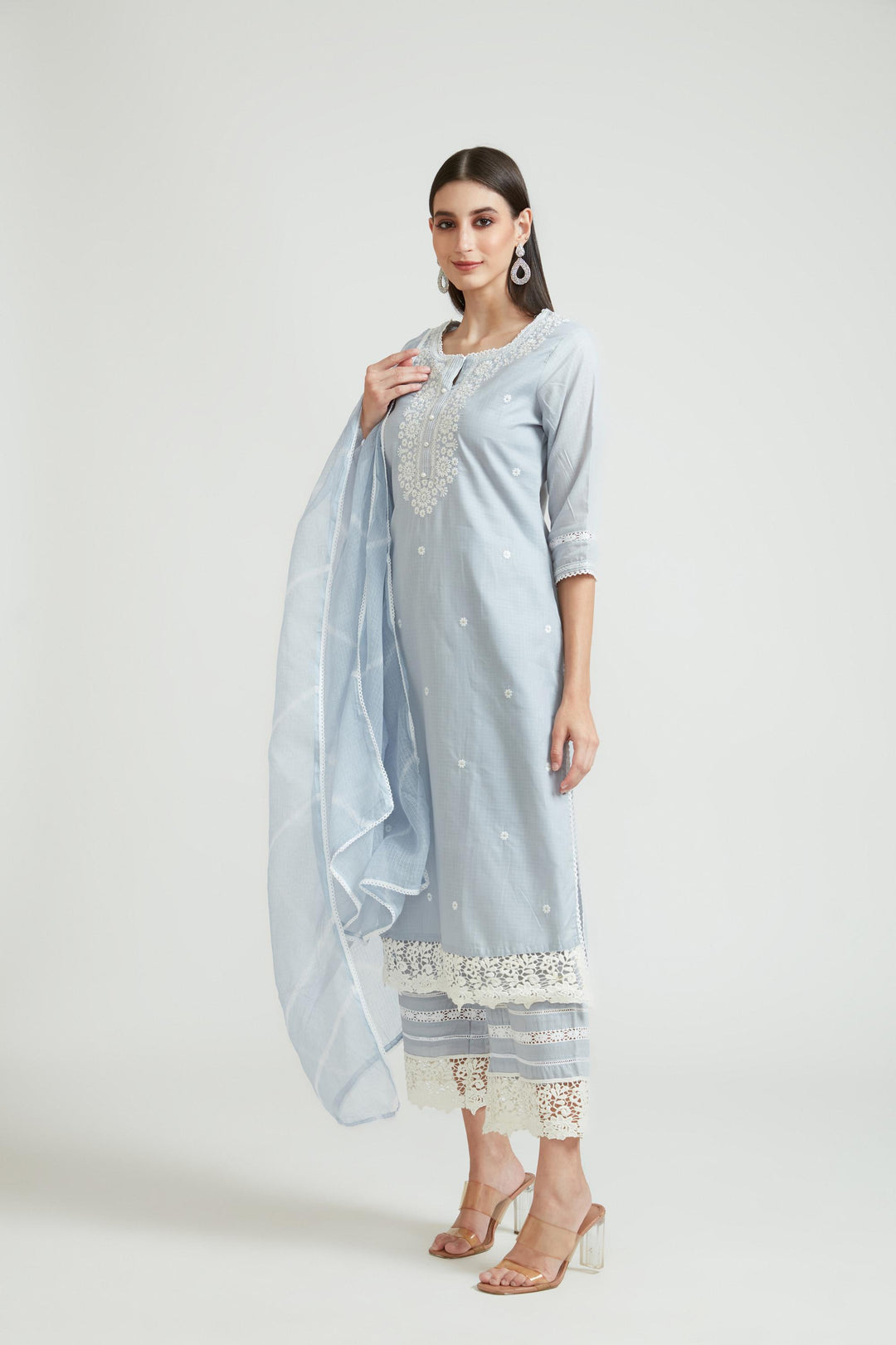 Neerus Grey Color Cotton Fabric Kurta Set