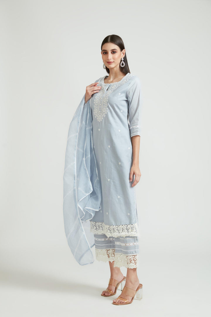 Neerus Grey Color Cotton Fabric Kurta Set