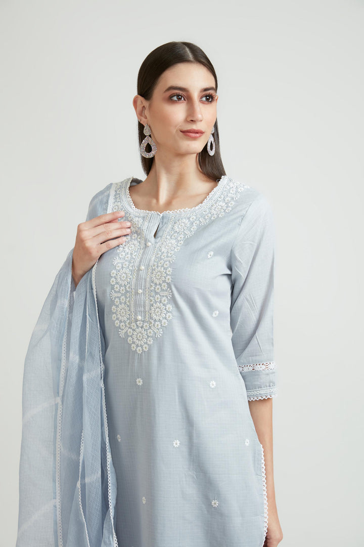 Neerus Grey Color Cotton Fabric Kurta Set