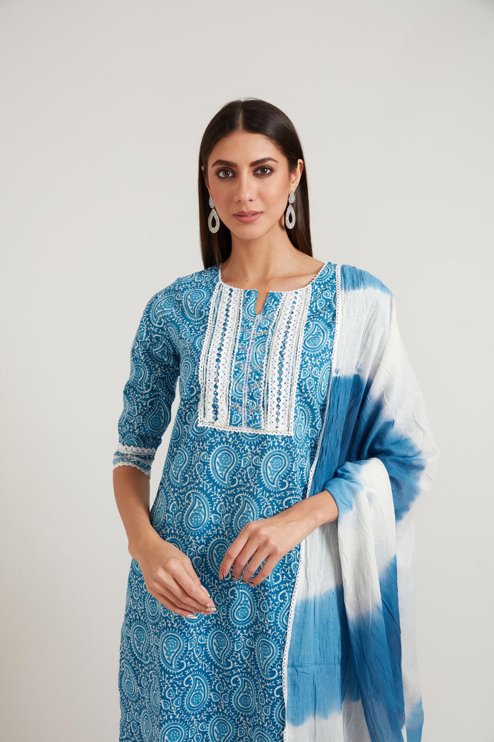 Neerus Blue cotton printed suit set - back view