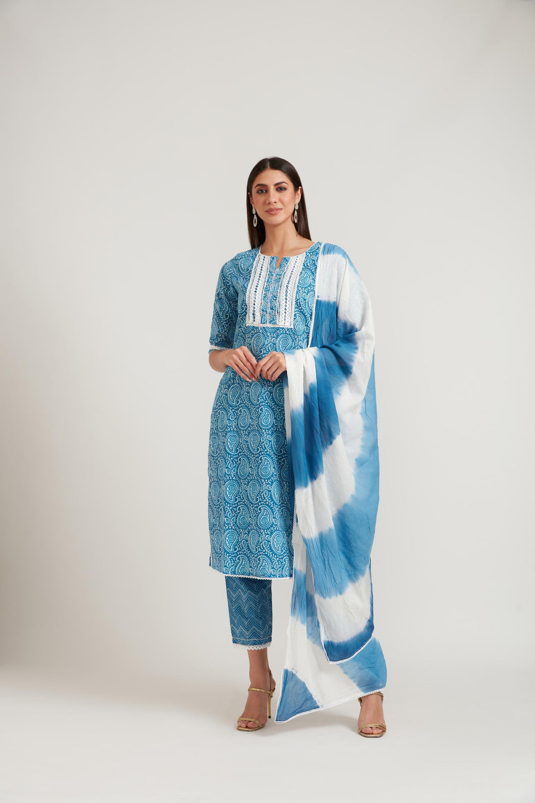 Neerus Blue cotton printed suit set - front view