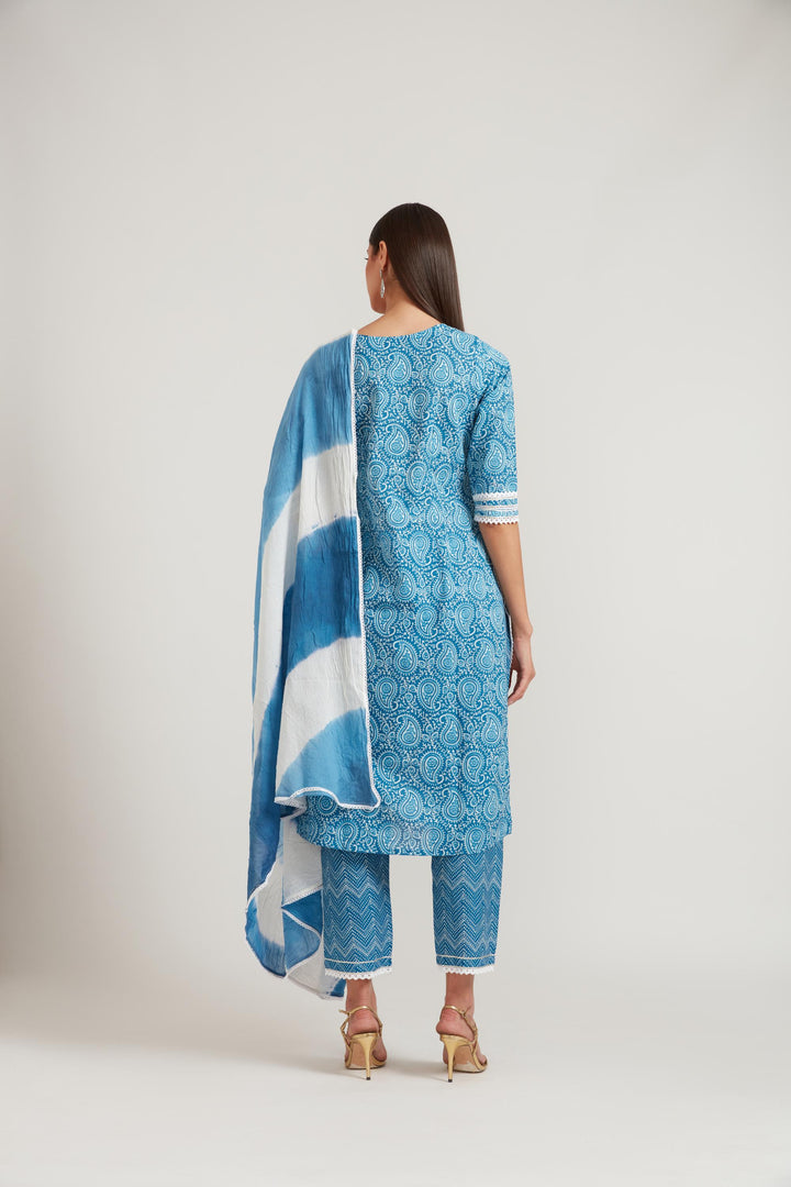Neerus Blue cotton printed suit set - detail view 1