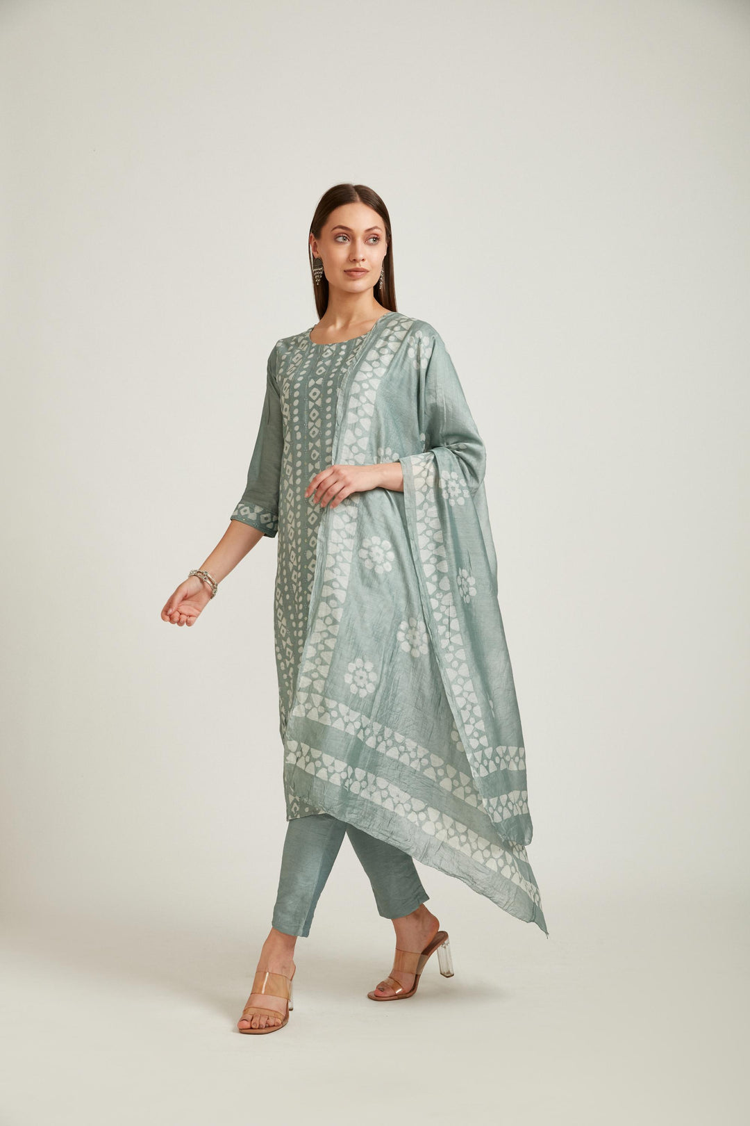 Neerus Green Chanderi straight suit set - front view