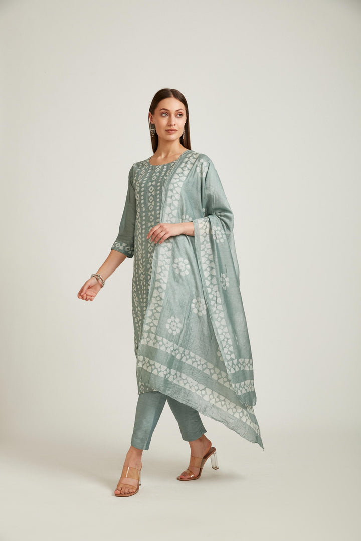 Neerus Green Chanderi straight suit set - front view