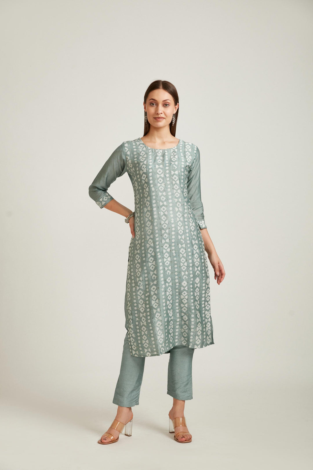 Neerus Green Chanderi straight suit set - side view