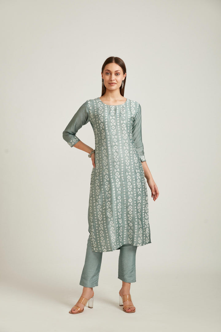 Neerus Green Chanderi straight suit set - side view