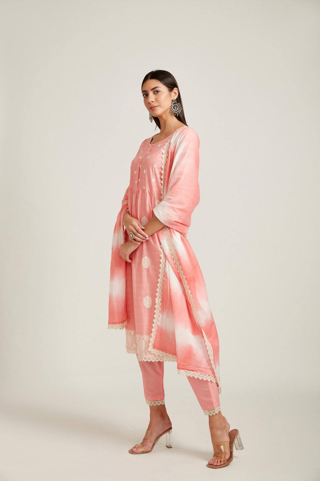 Neerus Pink cotton printed kurta set - front view