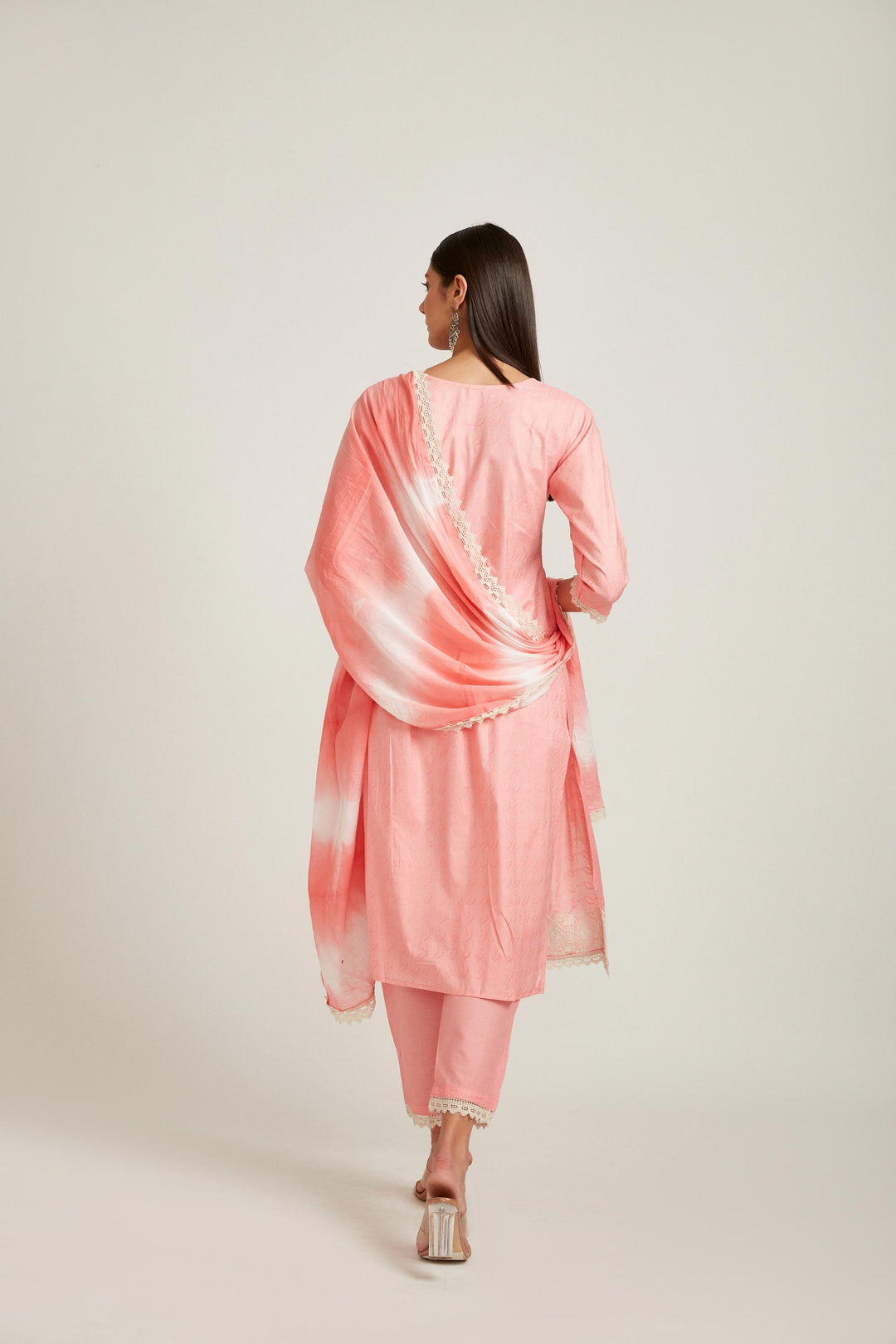 Neerus Pink cotton printed kurta set - back view