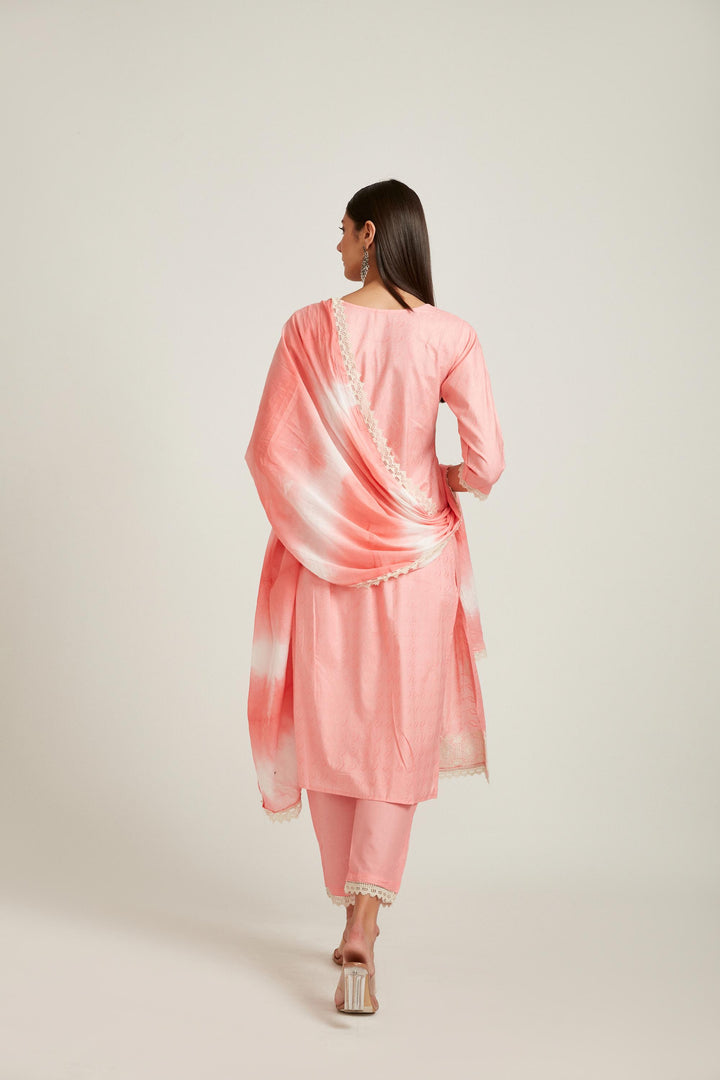 Neerus Pink cotton printed kurta set - back view
