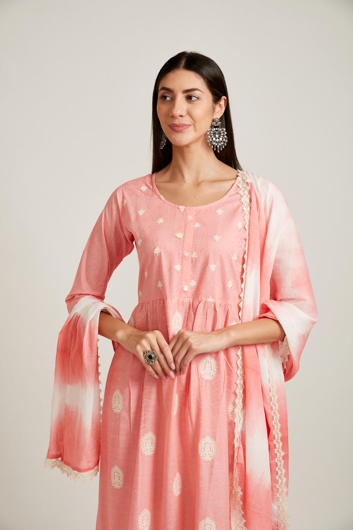 Neerus Pink cotton printed kurta set - side view