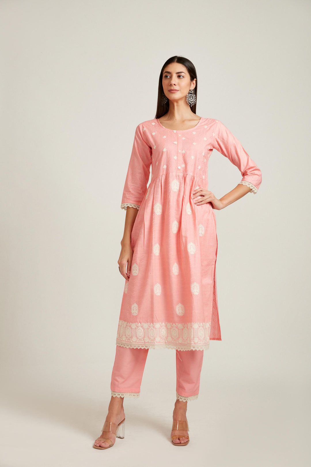 Neerus Pink cotton printed kurta set - detail view 1