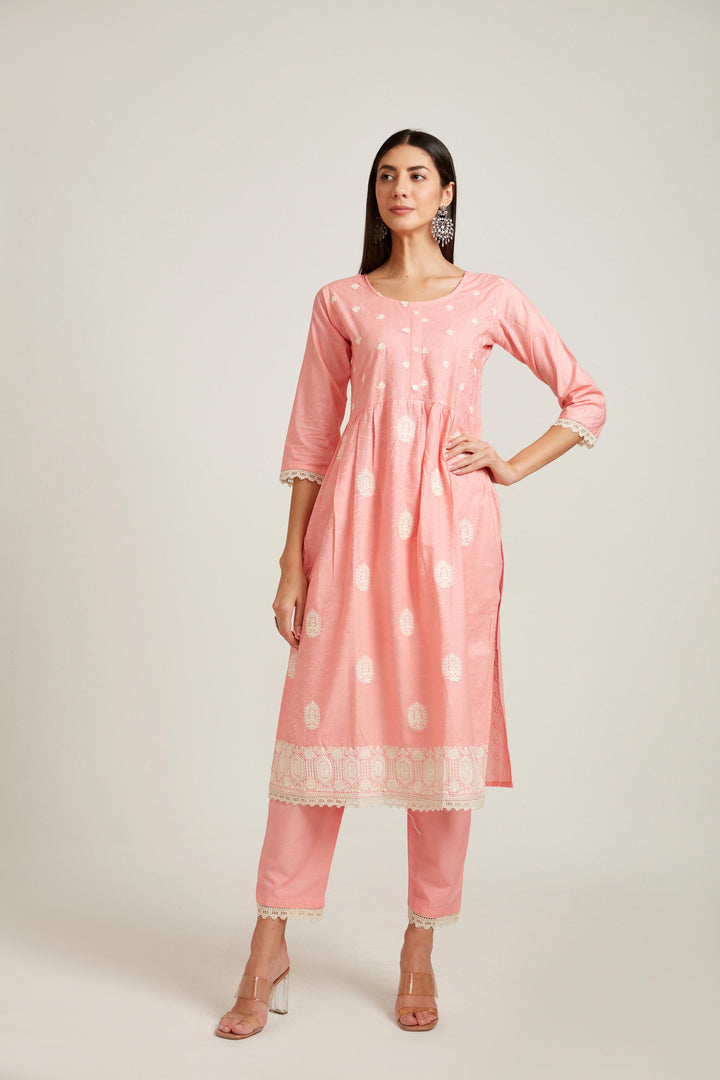 Neerus Pink cotton printed kurta set - detail view 1