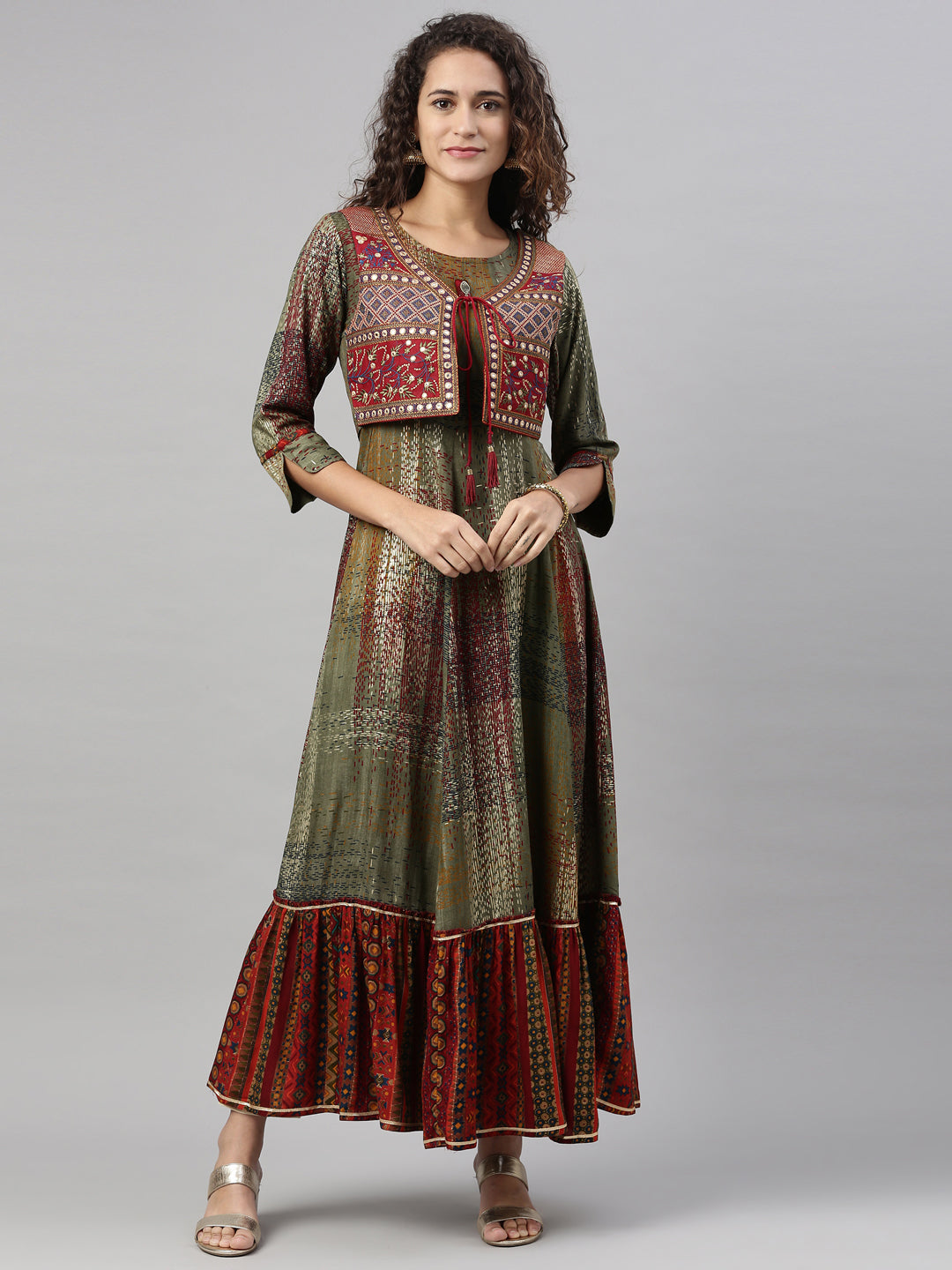 Neerus Green rayon printed kurti A-line flared - front view