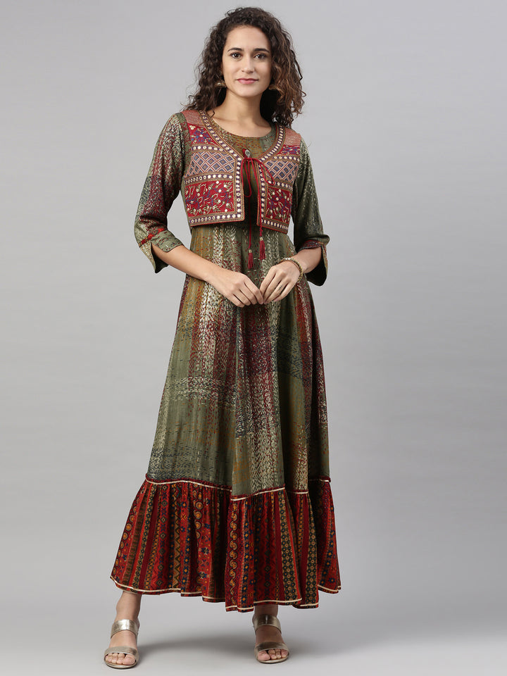 Neerus Green rayon printed kurti A-line flared - front view