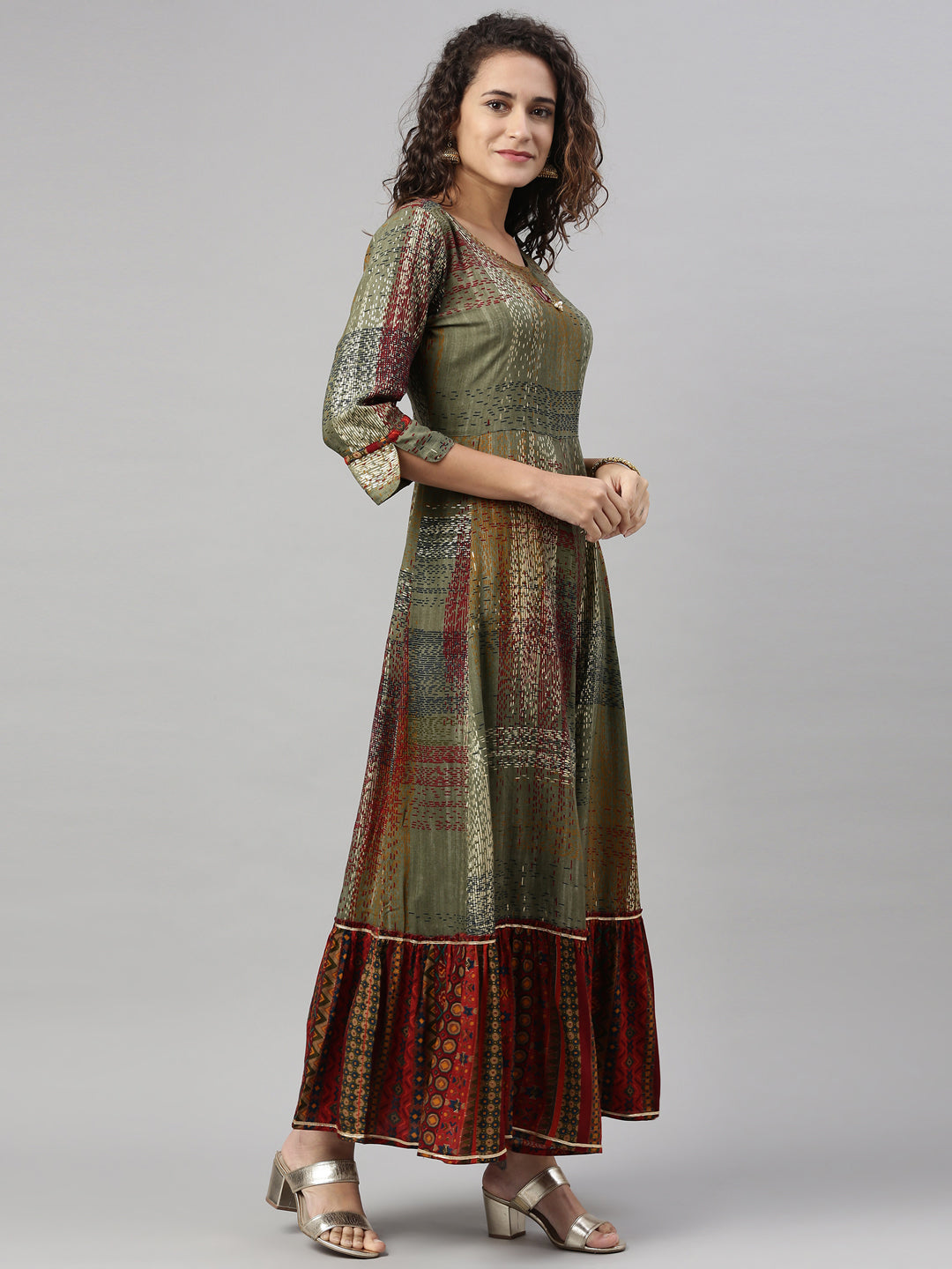 Neerus Green rayon printed kurti A-line flared - back view