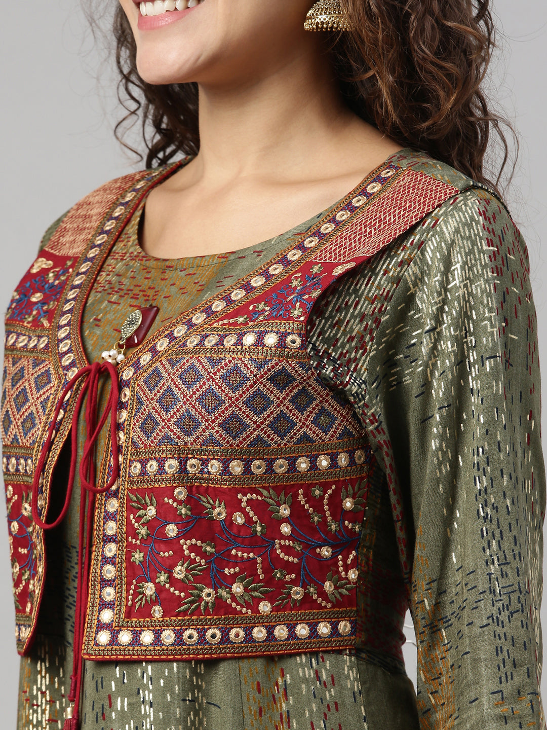 Neerus Green rayon printed kurti A-line flared - detail view 1