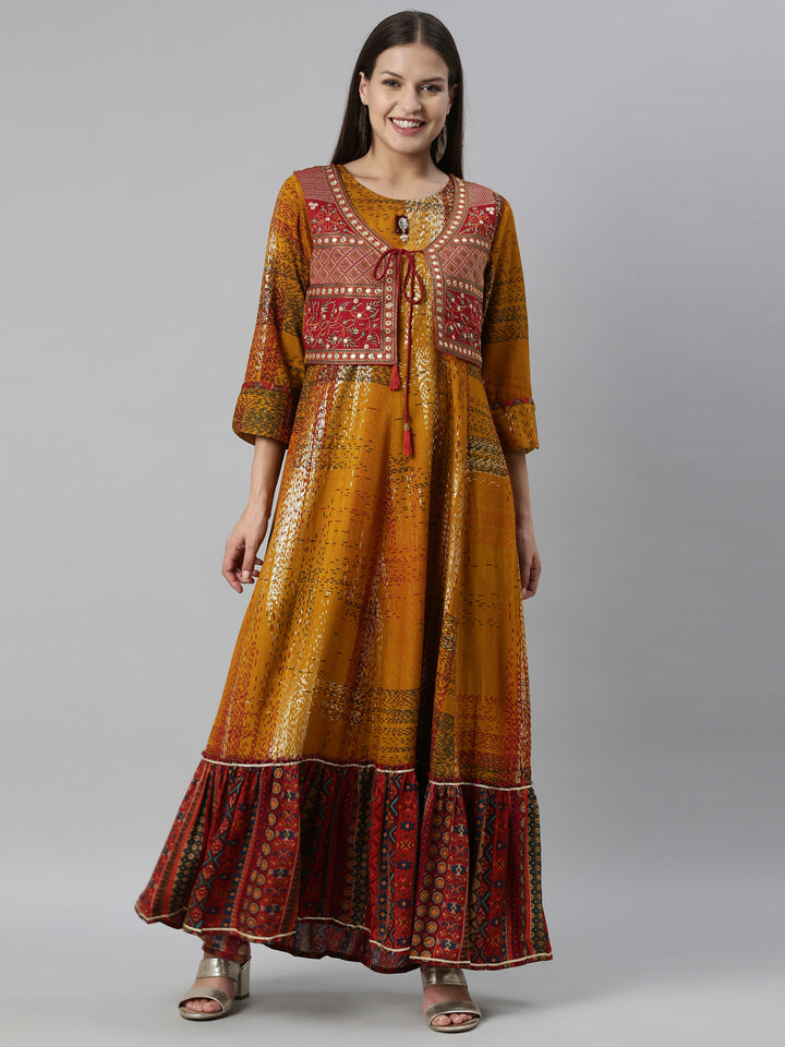 Neerus Yellow rayon straight kurta - front view