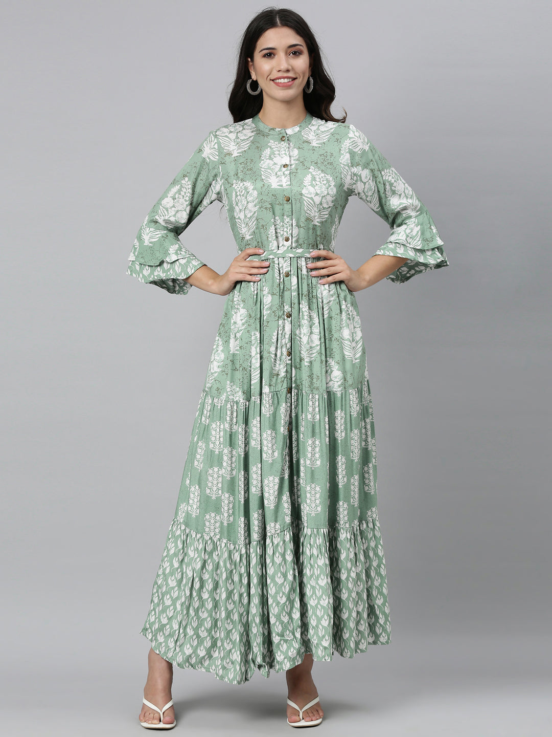 Neerus Green shantoon printed A-line kurti - detail view 5