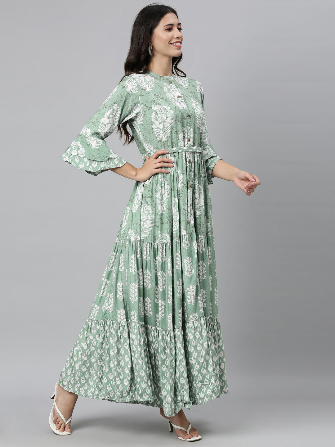 Neerus Green shantoon printed A-line kurti - front view