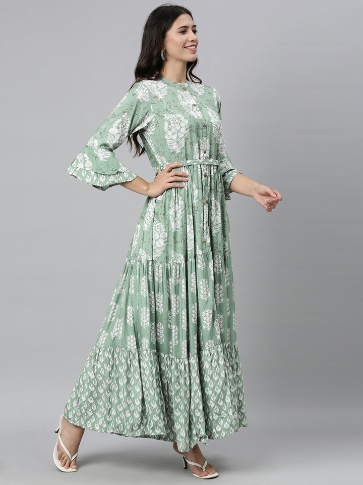 Neerus Green shantoon printed A-line kurti - front view