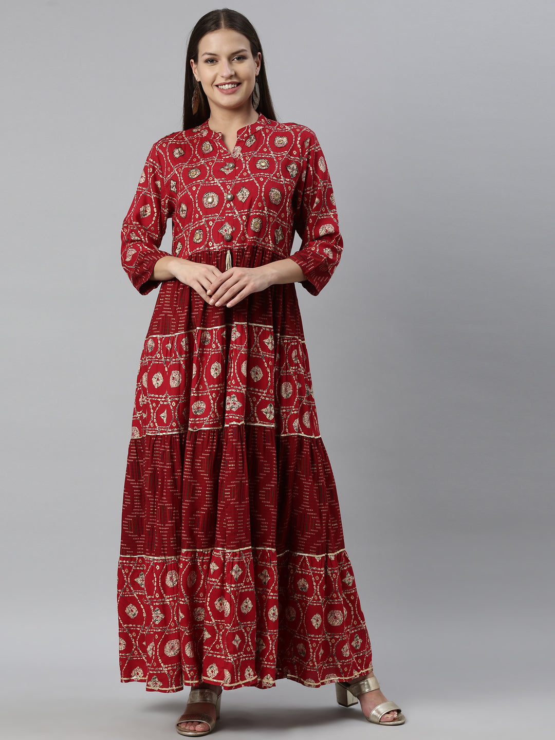 Neerus Maroon viscose rayon thread embroidered kurta - detail view 5