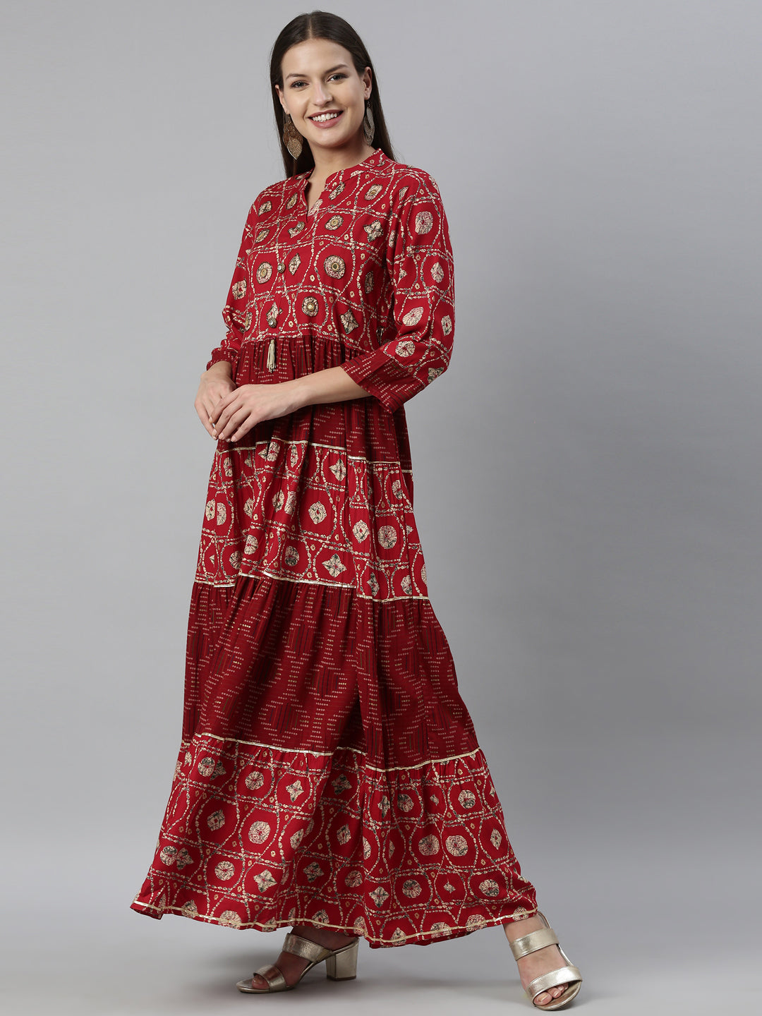 Neerus Maroon Color Rayon Fabric Dress