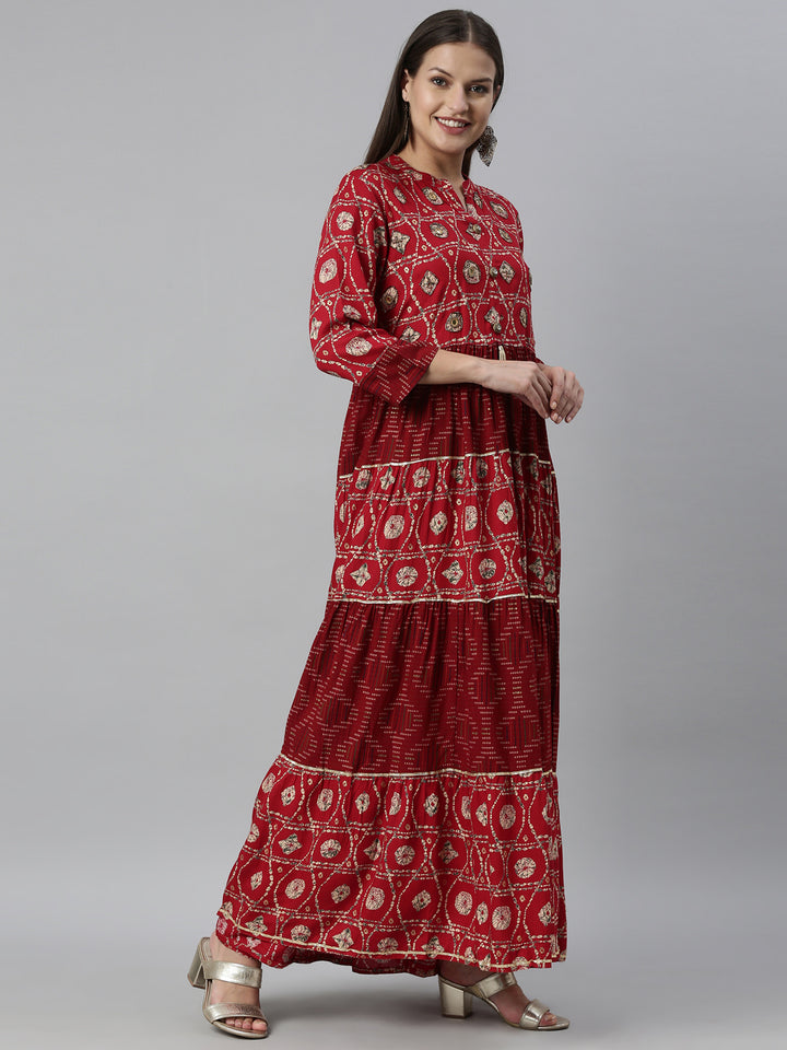 Neerus Maroon Color Rayon Fabric Dress