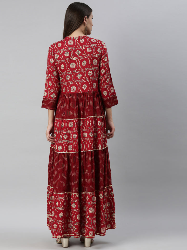 Neerus Maroon Color Rayon Fabric Dress