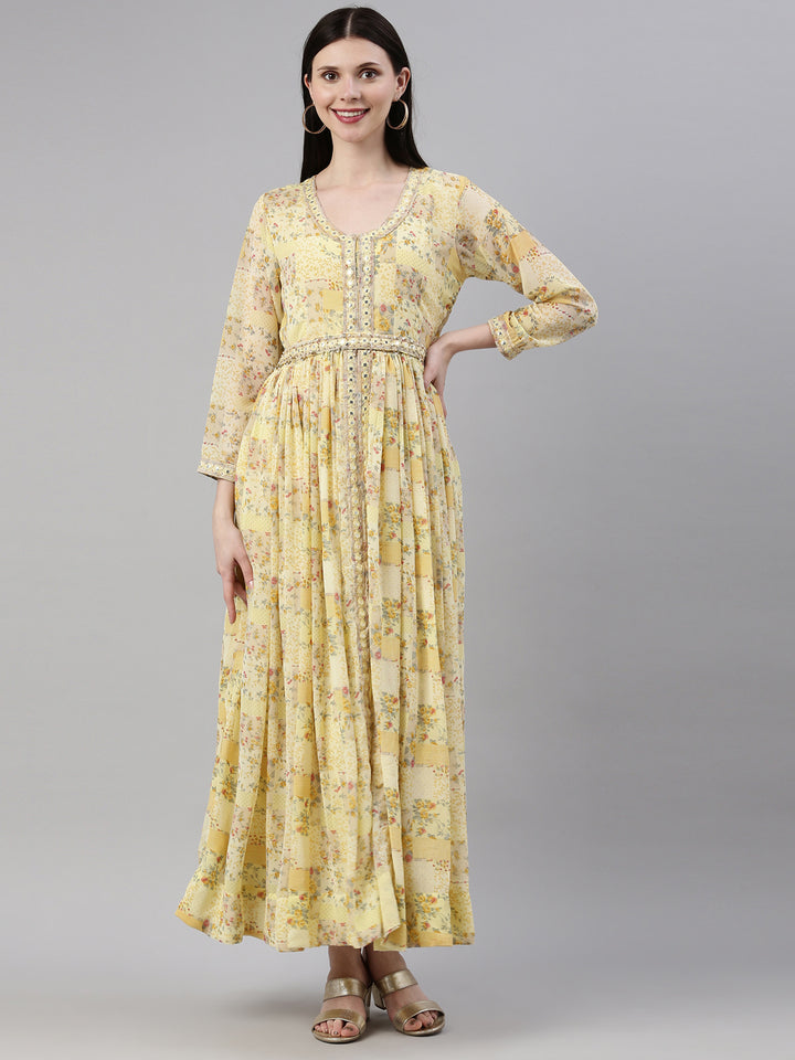 Neerus Yellow Georgette Gown - detail view 7