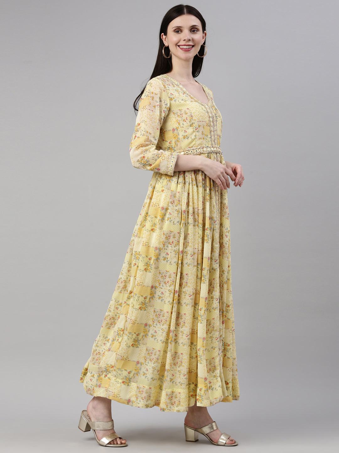 Neerus Yellow Georgette Gown - detail view 1