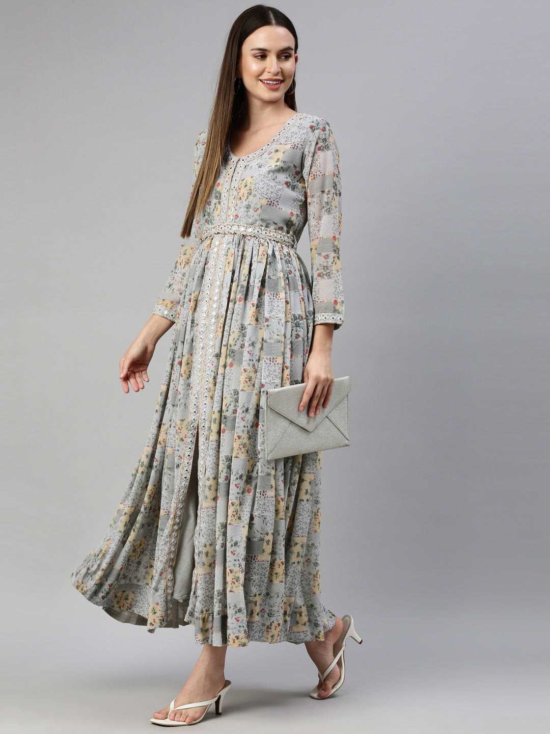 Neerus Grey Color Georgette Fabric Gown