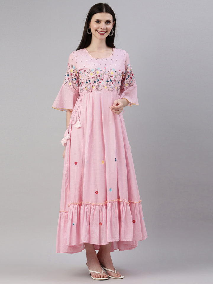 Neerus Pink cotton solid kurti - front view