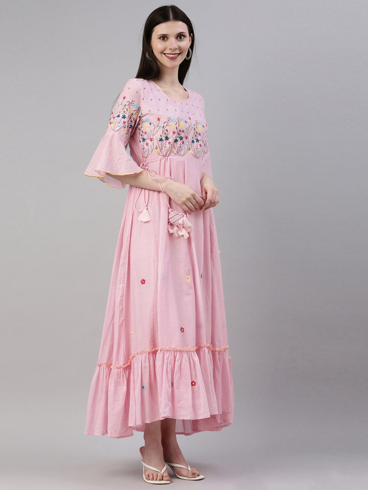 Neerus Pink cotton solid kurti - detail view 1
