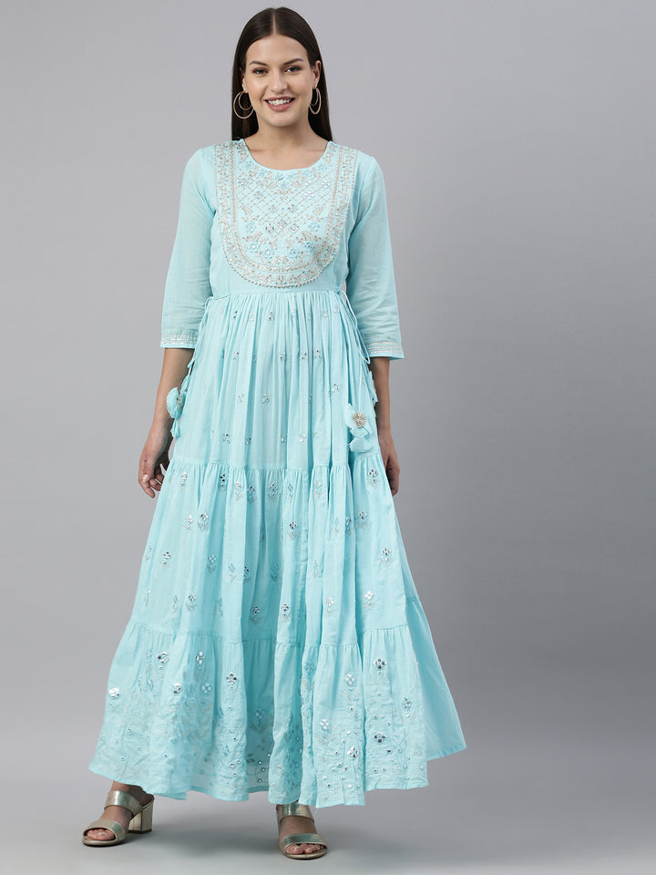 Neerus Blue cotton solid kurti - detail view 7