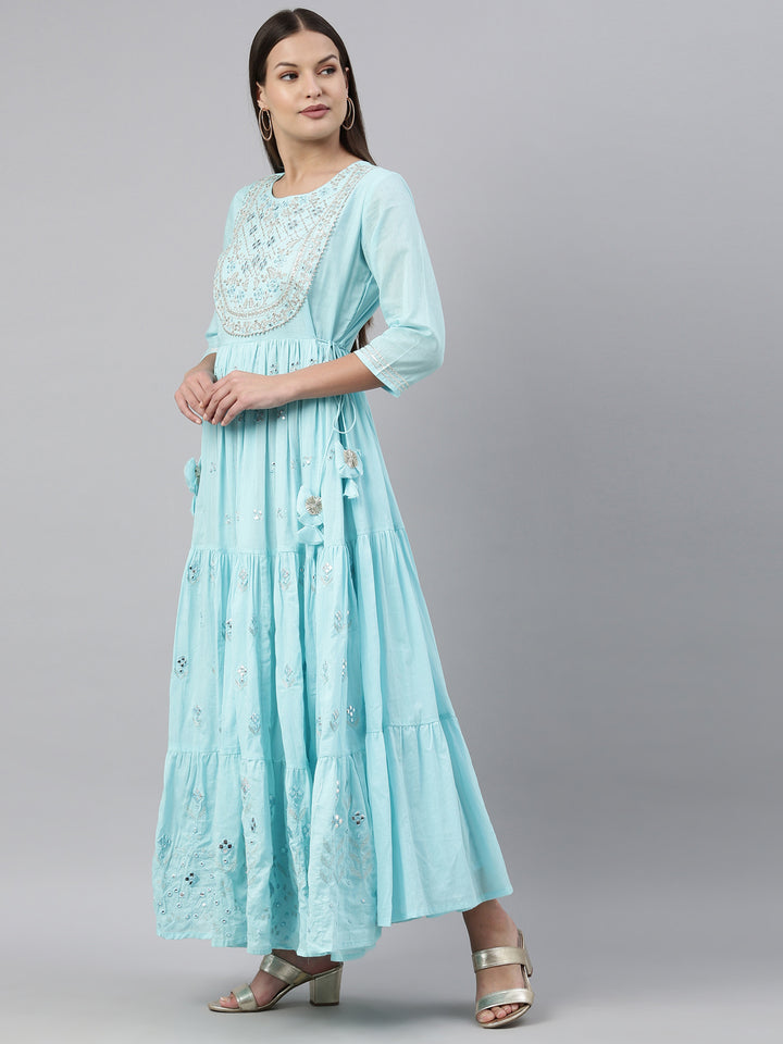 Neerus Blue cotton solid kurti - side view